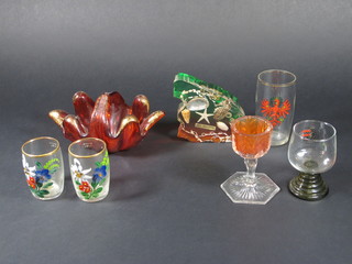 A red Venetian glass bowl 8", a glass dish 6" and a collection of various glasses