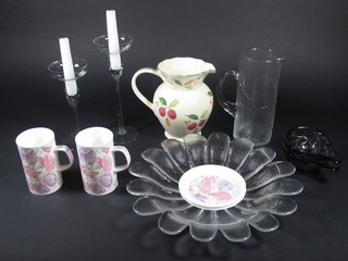 A Damson pattern pottery jug 7", a circular glass bowl 13", a  pair of glass candlesticks etc