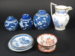 A 19th Century white glazed pottery jug 7" and 3 Prunus pattern ginger jars and covers etc