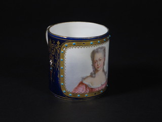 A Sevres porcelain cup decorated a portrait of a noble woman,  the base marked M E Degenlis