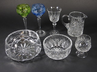 A circular Edinburgh crystal rose bowl 6", a cut glass jug 6", 2 long stemmed hock glasses with coloured bowls and a collection  of various glass