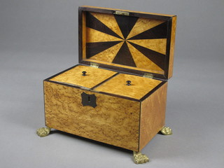 A 19th Century birds eye maple rectangular twin division caddy  with hinged lid 9"  ILLUSTRATED