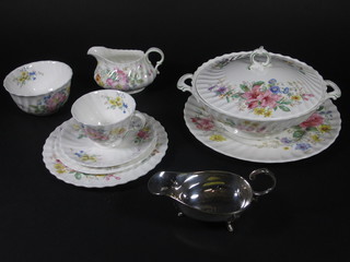 A 50 piece Royal Doulton Arcadian pattern dinner service  comprising 6 dinner plates 10 1/2", 2 vegetable tureens 8 1/2",  an oval platter 13 1/2", an oval dish 10", sauce boat - cracked  and stand, 6 circular bowls 5 1/2", cream jug and sugar bowl,  twin handled plate 9 1/2", 6 side plates 8", 12 tea plates 6 1/2",  6 cups and 6 saucers together with a 25 piece Meadow Sweet  pattern coffee service comprising circular plate 9", oval plate 8",  9 tea plates 7", 6 cups and 6 saucers and a cream jug, a circular  silver plated rose bowl 7", a sauce boat and a dish frame