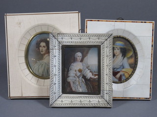 A portrait miniature on ivory panel "Standing Noble Woman"  contained in an ivory frame 3" x 2 1/2" together with 2 reproduction portrait miniatures of ladies contained in ivory  frames 3" oval