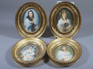 4 reproduction portrait miniatures, 4" oval, contained in gilt frames