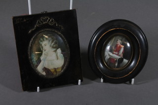 A portrait miniature "Noble Woman" contained in an ebonised  frame 3 1/2" and 1 other "First Confirmation" 3" oval