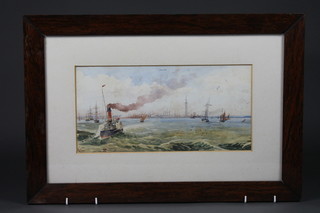 Victor Carden, watercolour drawing "Seascape with Paddle Steamer" the reverse marked Grimsby Off The Harbour by  Victor Carden 6 1/2" x 13 1/2"