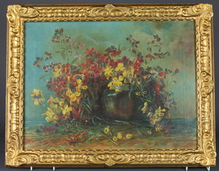 Helen Durell, oil on canvas, still life, "Vase of Flowers" 17 1/2"  x 24"