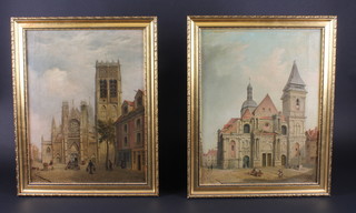 A pair of 19th Century oil paintings on canvas "Exterior of  Cathedrals with Figures" 7" x 13"  ILLUSTRATED