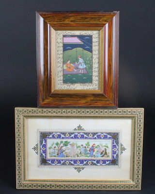 An oil painting on ivory panel "Feasting Scene" 2" x 7"  contained in a Moorish inlaid frame and an Eastern coloured print  "The Falconer" 5" x 3"