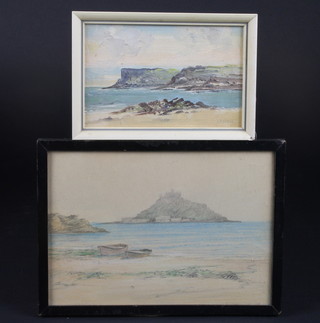 A watercolour drawing "St Michael's Mount" 6" x 8" and an E  Bryce oil on board "Blackbelly Castle County Antrim" 3 1/2" x  6"