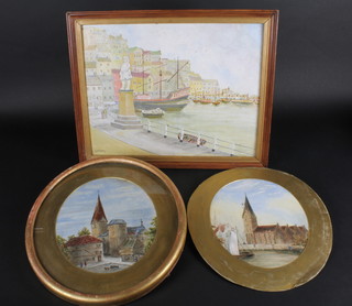A pair of watercolour drawings "Studies of Churches" 10" oval, together with Lindsay oil on board "Quay with Buildings and  Boats" 13 1/2" x 17"