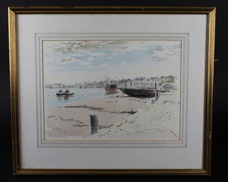 Michael Blaker, pen and gouache "Chatham and Medway River  View" signed and dated July 1982 11" x 15"