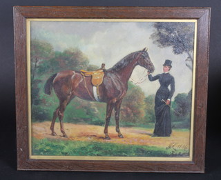 A Victorian oil painting on canvas "Lady with Saddled Horse" monogrammed LL '84, 11" x 12"