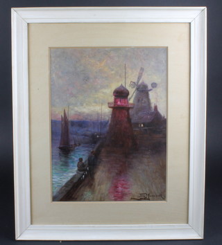 J Marshall, impressionist oil painting "Harbour with Light House  and Windmill" 15" x 7 1/2"