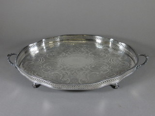 An engraved oval silver plated twin handled tray 18"