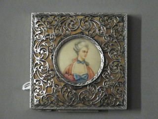 A Continental square pierced silver compact, the lid decorated a portrait miniature of a lady, missing mirror, marked 800, 3"