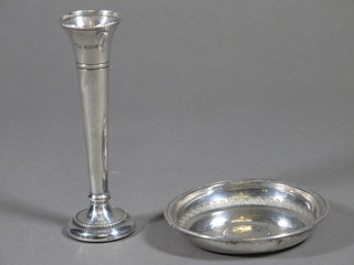 A modern silver trumpet shaped specimen vase with bead work  border 5" and an Eastern white metal dish set a coin 3"