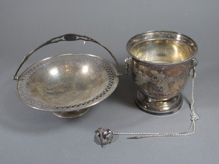 A circular pierced silver plated cake basket with swing handle 9  1/2", a twin handled silver plated wine cooler and a "silver"  chain