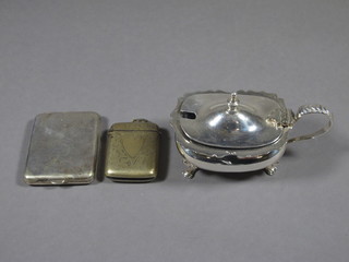 A silver plated match slip, an engraved silver plated vesta case  and a do. mustard pot