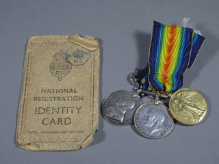 A group of 3 medals to Private F C Jeffrey 2nd Bedfordshire  Regt. comprising Military medal, British War medal and Victory  medal together with a National Registration Identity card, MM  and BWM renamed,  ILLUSTRATED