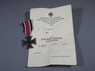 A WWII Iron Cross 2nd Class together with a citation