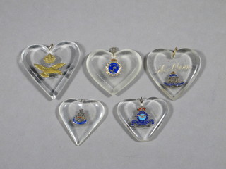 5 WWII perspex sweetheart pendants - Royal Artillery, 2 x RAF,  Royal Canadian Naval Volunteer Reserve and Womens Royal  Naval Service