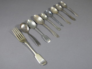 A silver teaspoon London 1942 together with 3 various silver  coffee spoons 2 ozs, a silver plated fiddle patterned fork, 3  teaspoons and a silver plated caddy spoon
