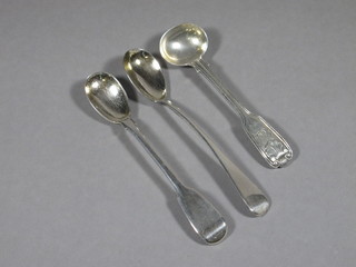 2 Georgian silver mustard spoons and a Victorian silver mustard spoon, 2 ozs
