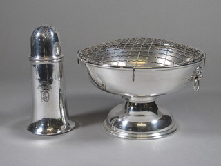 A silver plated sugar caster by Mappin & Webb marked P & O  and a circular silver plated rose bowl