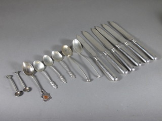 6 silver handled tea knives and a collection of various sliver tea spoons
