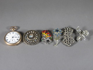 A gold plated open faced pocket watch and a collection of  costume jewellery