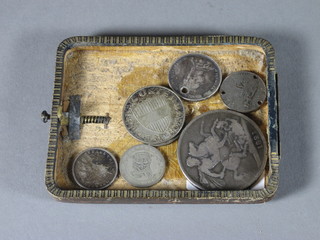 A George III silver crown 1821, a Victorian 1887 shilling, an Edward VII 1906 farthing - holed, a George V 1920 farthing and  3 other silver coins