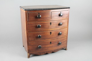 A Georgian mahogany bow front apprentice chest of 2 short and  3 long drawers with tore handles, raised on splayed bracket feet  14"w x 15"h x 10"d