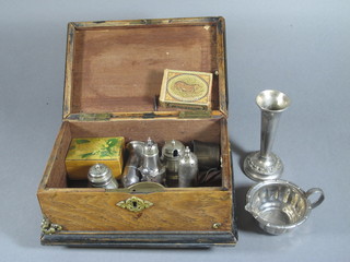 A wooden trinket box containing a cut glass perfume phial with silver lid - f and a small collection of plated items