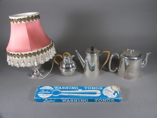 A silver plated twin handled table lamp in the form of an urn 4 1/2", a silver plated hotelware teapot, silver plated coffee pot and  a Jersey milk jug