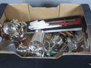 A silver plated tankard, 6 silver plated goblets and a collection of flatware