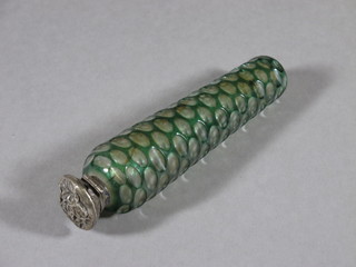 A Victorian faceted green glass scent phial with hinged embossed metal lid