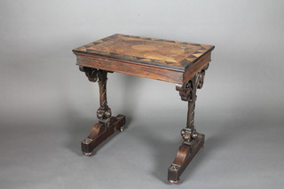 A Victorian rectangular mahogany specimen table, the top inlaid  various specimen veneers, raised on shaped trestle supports 26"w  x 27"h x 17 1/2"d  ILLUSTRATED