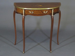 An inlaid Kingwood D shaped side table fitted a drawer, raised  on cabriole supports with gilt mounts 30"w x 30"h x 13 1/2"d