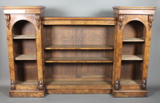 A Victorian figured walnut sentry box style breakfront bookcase/display cabinet fitted adjustable shelves 78"w x 50"h x  15 1/2"d  ILLUSTRATED