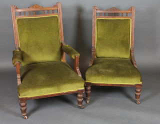 An Edwardian carved oak show frame open arm chair with  bobbin turned decoration, raised on turned supports together with  a nursing chair upholstered in green material