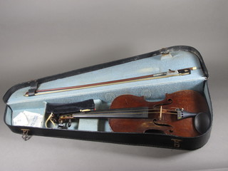 A violin with 2 piece back labelled Neuner und Hornsteiner  Mittenwald 1894 14", complete with bow and contained in a fibre case