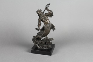 A bronze figure of Neptune, raised on a black marble base 12"