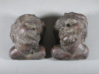 2 carved wooden portrait busts of bearded figures 5"