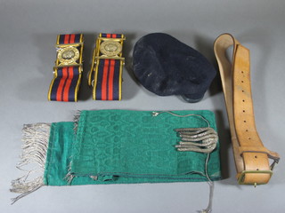 A Royal Logistics Corps stable belt, a leather belt and a beret