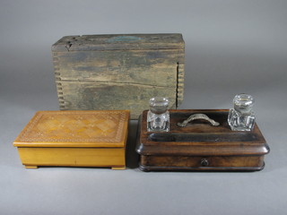A twin section wooden standish fitted 2 cut glass inkwells 10", a carved Eastern cigarette box with hinged lid and an instrument  box