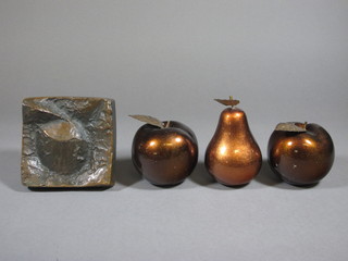 A 1950's/60's stylish square cast bronze door handle, the reverse marked Calpan 1612 4", an escutcheon plate and 1 other plate  and 2 gilt metal models of apples and a pear