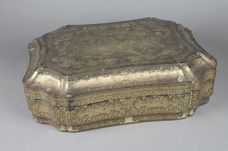 A 19th Century shaped Oriental lacquered box the interior fitted  7 containers and having 7 trays 15", damage to lid,