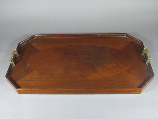A mahogany lozenge shaped twin handled tea tray 23"w x 13  1/2"d